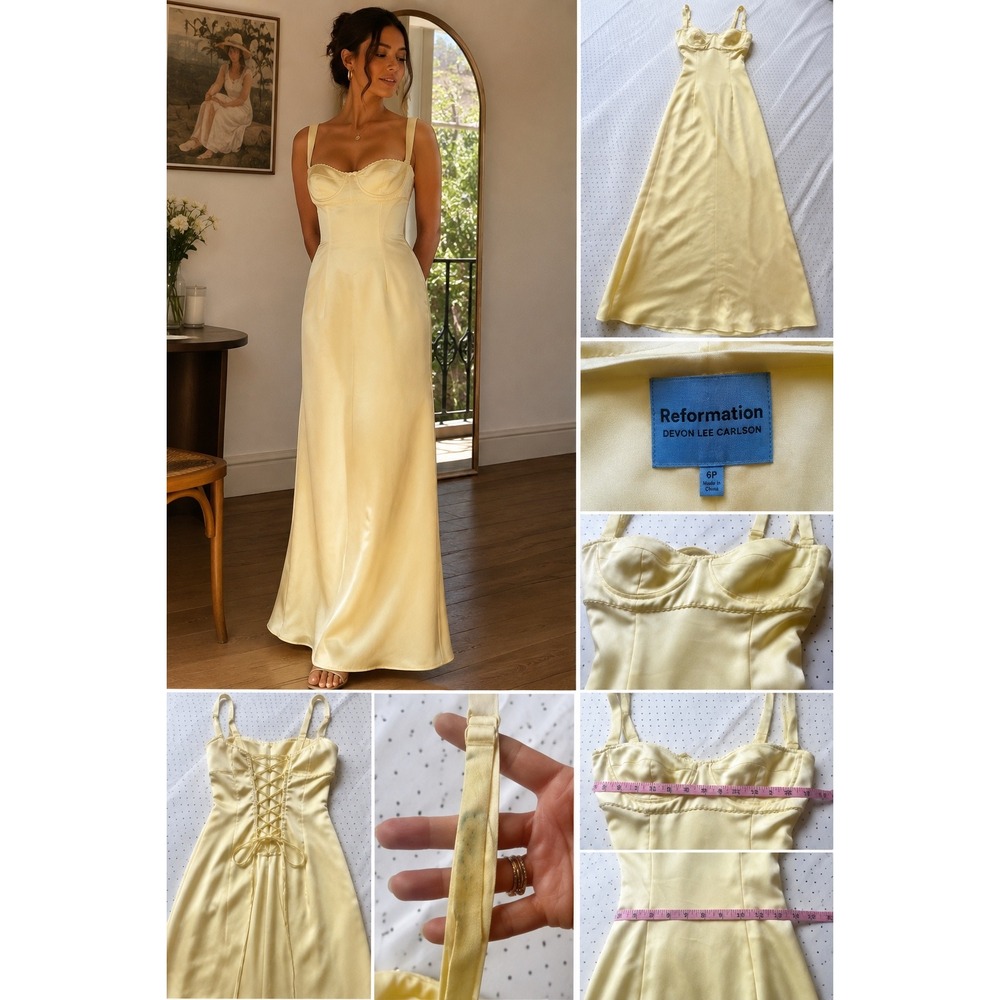 Reformation x Devon Lee Carlson Britney Satin Maxi Dress Buttercup Yellow 6P
